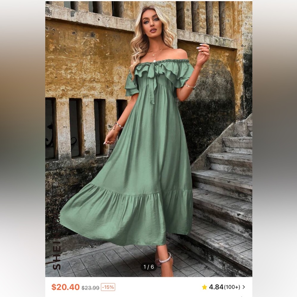 SHEIN, Medium-VCAY Off Shoulder Ruffle Trim Tie Front Ruffle Hem Dress